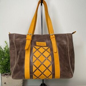 Lion Ethio Leather Tote Bag Brown Mustard Yellow Geometric Artisan HandBag